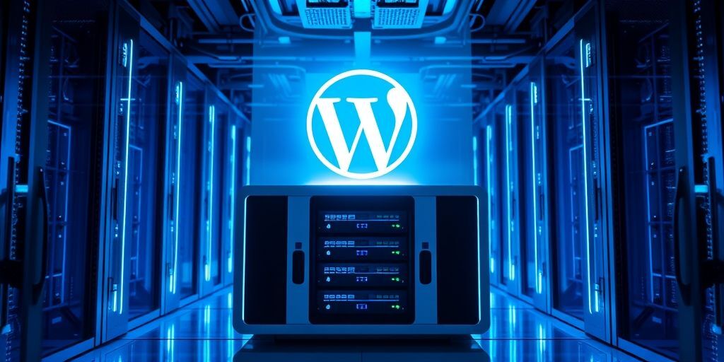 A modern server rack in a data center with glowing blue lights, symbolizing high-performance hosting infrastructure, with a WordPress logo hologram floating above it.