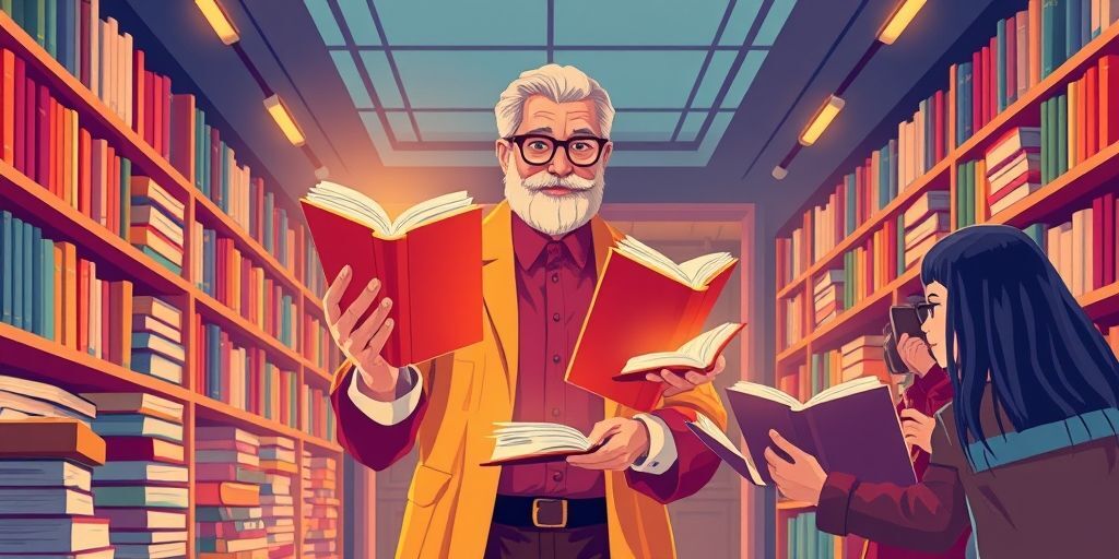 A visual metaphor of caching: a librarian quickly handing pre-sorted books (cached pages) to a customer instead of searching the whole library every time, symbolizing faster delivery of content.