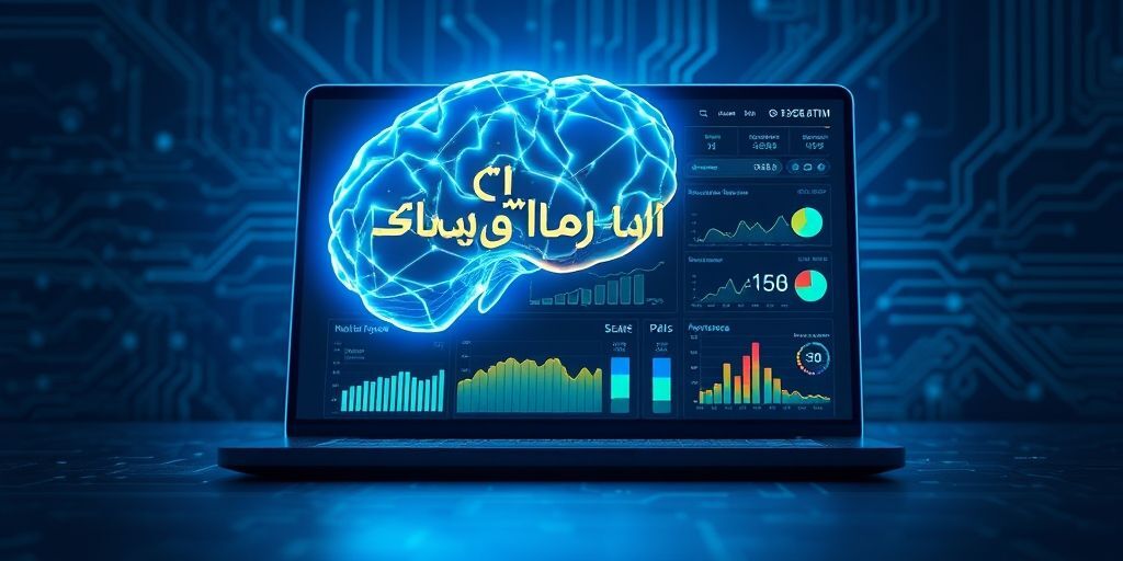 A futuristic digital brain with glowing neural networks, overlaid on a laptop screen showing Persian text analytics and SEO metrics, symbolizing AI-driven search intelligence.