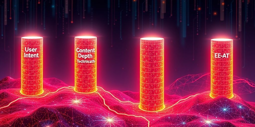 Four glowing pillars rising from a digital landscape: one labeled "User Intent", another "Content Depth", the third "Technical Health", and the fourth "E-E-A-T", representing the core foundations of AI-powered SEO.
