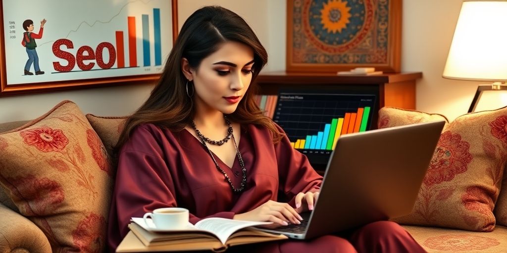A Persian woman analyzing SEO data on a laptop, surrounded by colorful charts showing organic traffic growth, with a cup of tea and notebook in a cozy home office setting.