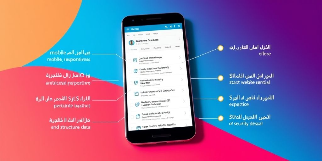 A technical SEO checklist in Persian with items like mobile optimization, SSL certificate, and structured data, overlayed on a smartphone showing a WordPress dashboard.