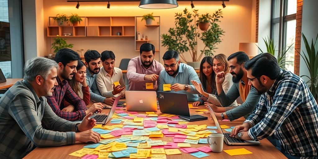 A diverse group of Iranian content creators collaborating on a blog post, with sticky notes in Persian showing content ideas and SEO keywords.