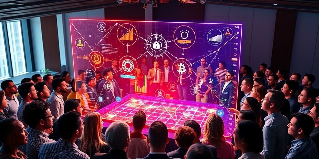 A diverse group of enthusiastic investors gathered around a futuristic holographic interface displaying blockchain network connections and cryptocurrency charts, symbolizing collaborative innovation and financial opportunity.
