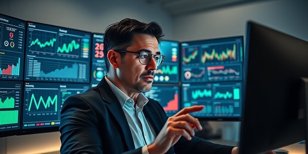 A professional investor analyzing multiple screens showing blockchain startup dashboards, market trends, and risk assessment metrics, with a focused expression in a modern office setting.