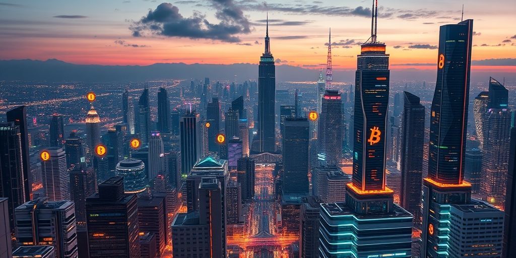 A futuristic cityscape with blockchain symbols integrated into buildings and infrastructure, representing the widespread adoption of blockchain technology in everyday life.