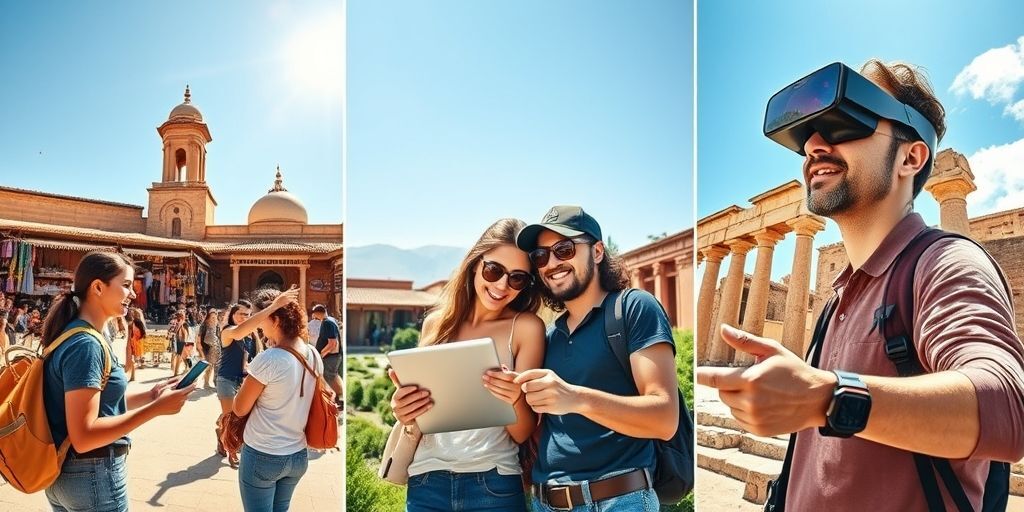 A vibrant collage showcasing diverse tourism experiences: a group of young travelers using a mobile app to explore a historic bazaar, a couple booking an eco-lodge via a tablet, and a tour guide using AR glasses at an ancient Persian site, all under a sunny sky.