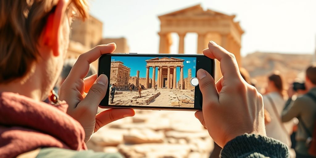 A tourist using a smartphone with an augmented reality app that overlays historical information onto a live view of Persepolis ruins, with virtual reconstructions visible through the screen, surrounded by other visitors.
