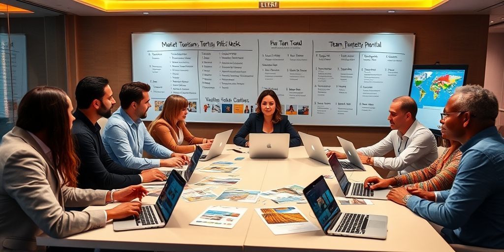 A diverse group of investors discussing over a table with laptops and documents showing tourism startup pitch decks, with a whiteboard in the background listing key investment criteria like market size and team experience.