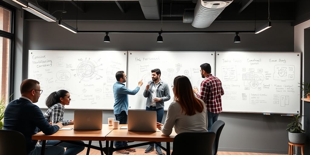 A dynamic Persian startup team collaborating in a modern co-working space, with whiteboards full of innovative ideas, laptops, and vibrant energy, symbolizing growth and creativity