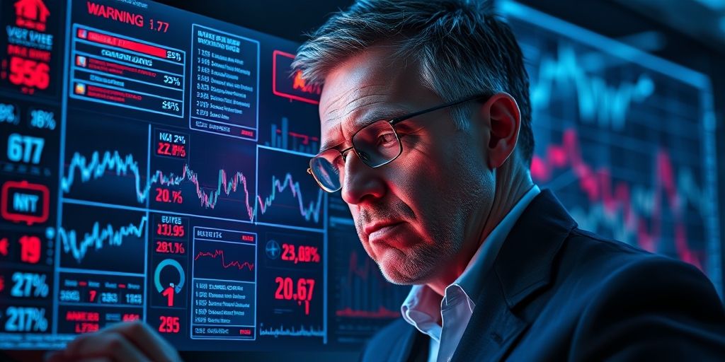 An investor analyzing complex financial charts on a transparent glass screen, with red warning signs and percentage drops visible, representing market risks