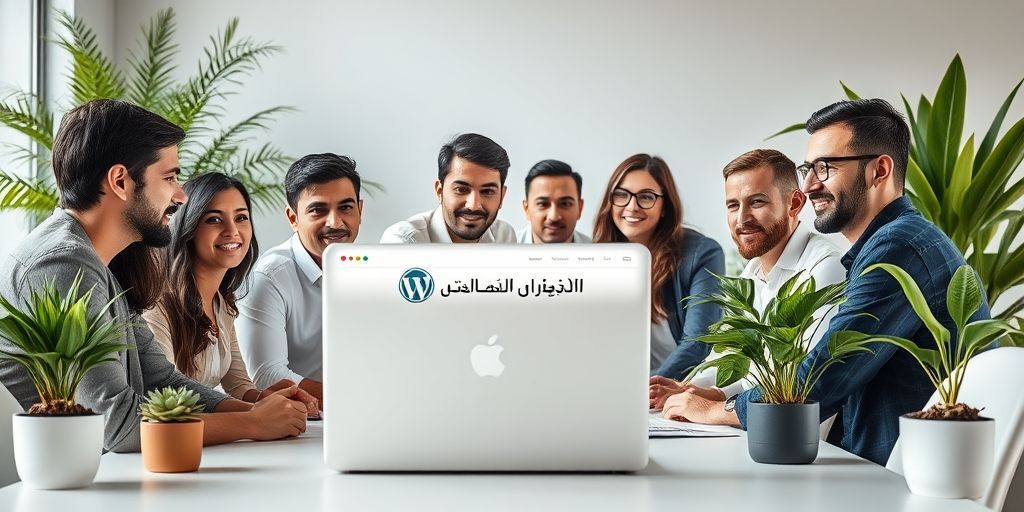 A modern corporate team collaborating around a laptop displaying a sleek WordPress dashboard with Farsi text, surrounded by plants and minimalist office decor, emphasizing professionalism and ease of use.