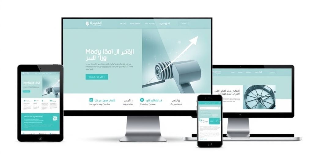 A sleek corporate website homepage built on WordPress, showing Farsi content with a professional layout, interactive elements, and a modern color scheme, viewed on multiple devices including desktop, tablet, and smartphone.