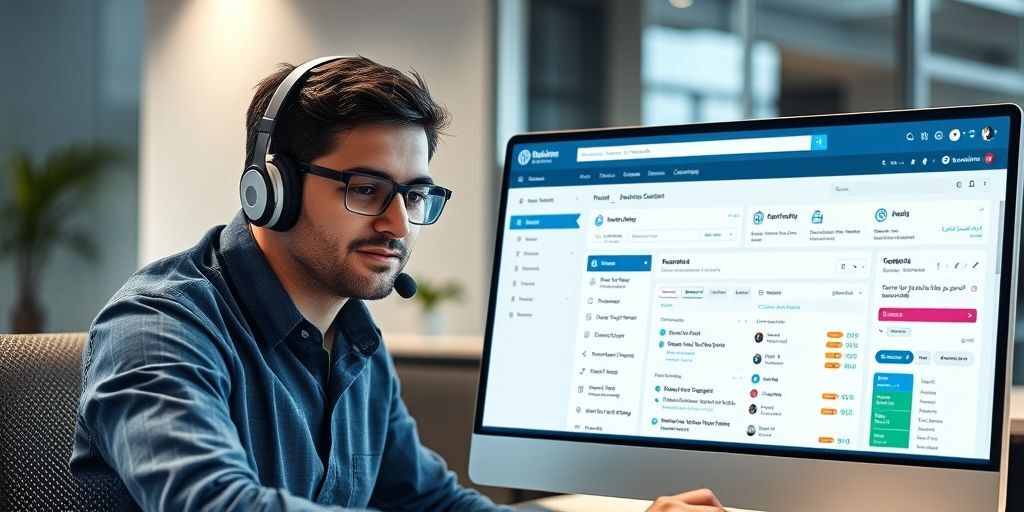 A technical support specialist remotely assisting a client with their corporate WordPress website, showing a split screen with Farsi support chat and website dashboard, symbolizing reliable maintenance.