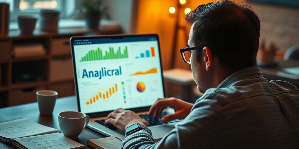 A person analyzing keyword research data on a laptop screen showing Persian text, with colorful charts and graphs visible, surrounded by notebooks and a cup of tea in a cozy workspace.