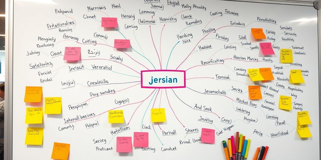 A whiteboard with Persian keywords connected by colored lines, showing a mind mapping process with sticky notes and markers in the background.
