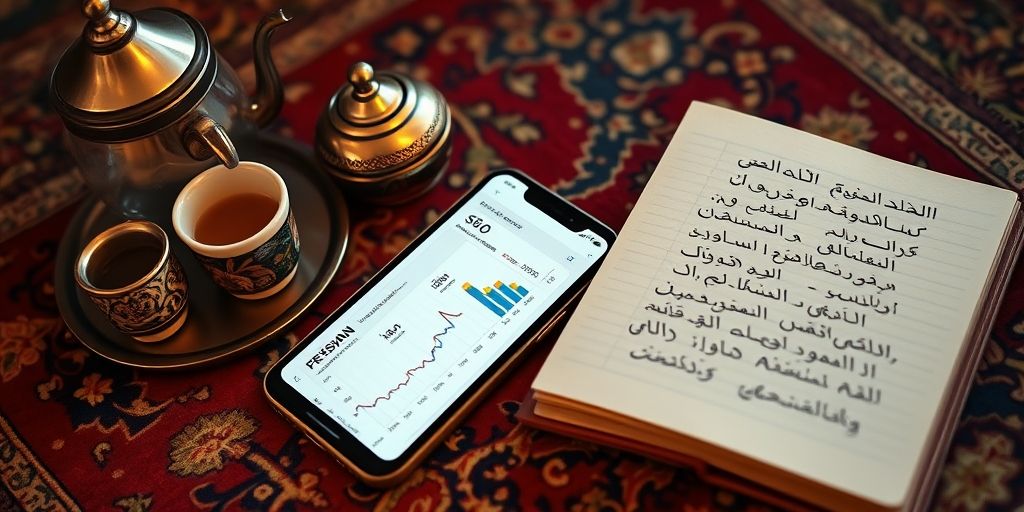 A smartphone showing a Persian SEO dashboard with keyword rankings, next to a traditional Persian tea set and a notebook with handwritten notes in Farsi.