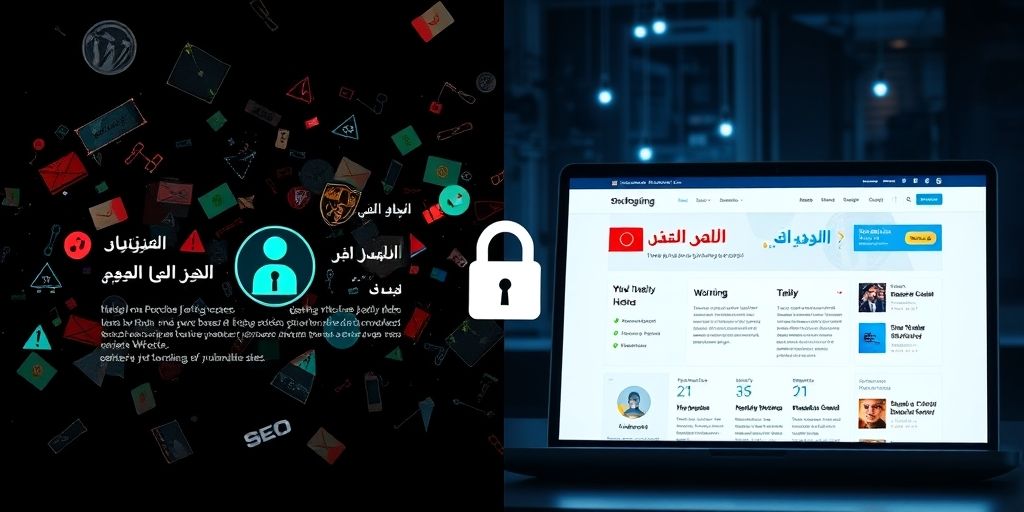 A split-screen comparison: Left side shows a hacked WordPress site with warning messages in Persian, right side displays a secure site with SSL padlock and high SEO ranking.
