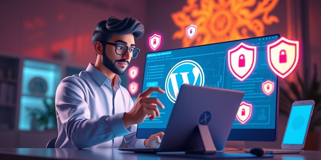 A 3D animation of a Persian web developer implementing security measures on WordPress, with floating icons of SSL, firewall, and backup shields around the screen.