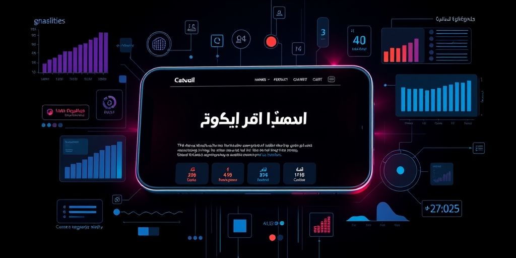 A modern smartphone showing a perfectly responsive website adapting to screen size, with Persian text and intuitive navigation elements, surrounded by glowing engagement metrics.