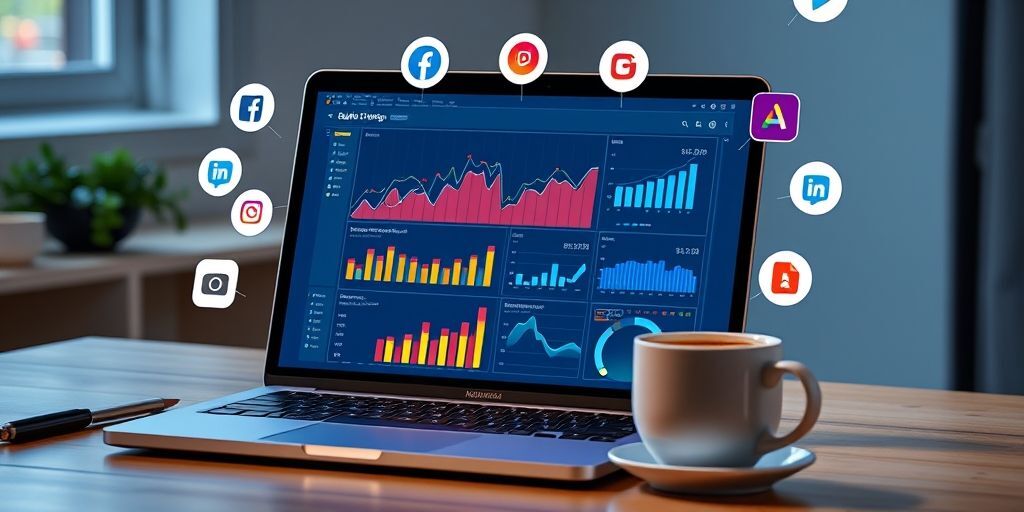 A vibrant digital marketing dashboard on a laptop screen showing real-time analytics graphs, surrounded by icons representing social media platforms like Facebook, Instagram, and Google Ads, with a cup of coffee nearby, conveying a sense of data-driven online advertising strategy.