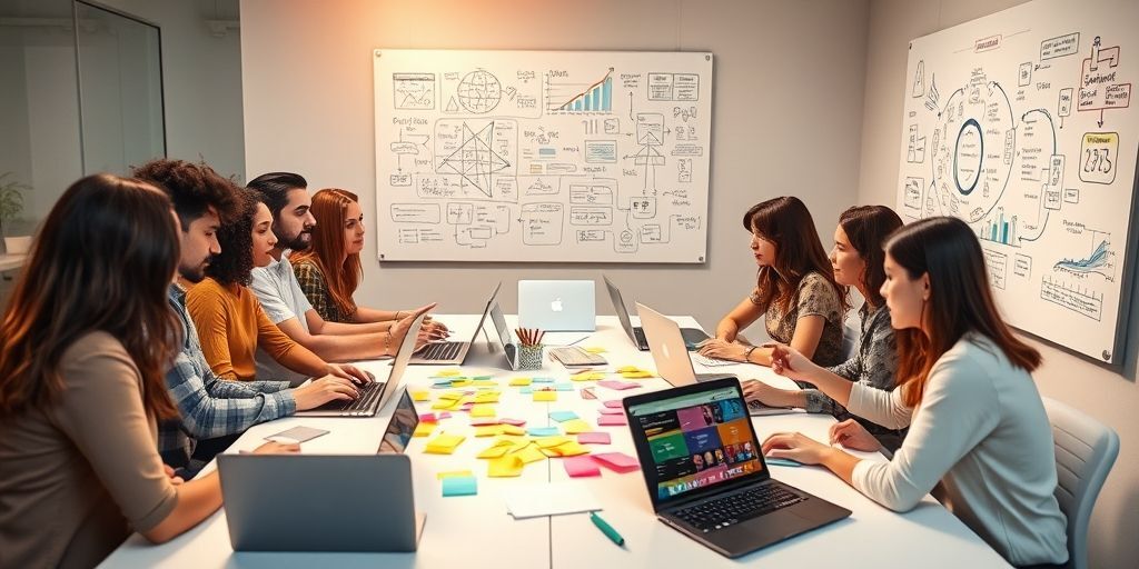 A diverse group of young professionals engaged in a lively brainstorming session around a table with laptops, colorful sticky notes, and a whiteboard covered in marketing strategy diagrams, representing collaborative online marketing planning.