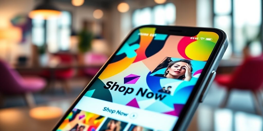 A close-up of a smartphone displaying a colorful, engaging social media ad for an online store, with a clear 'Shop Now' button, against a blurred background of a modern office workspace, symbolizing effective mobile advertising.