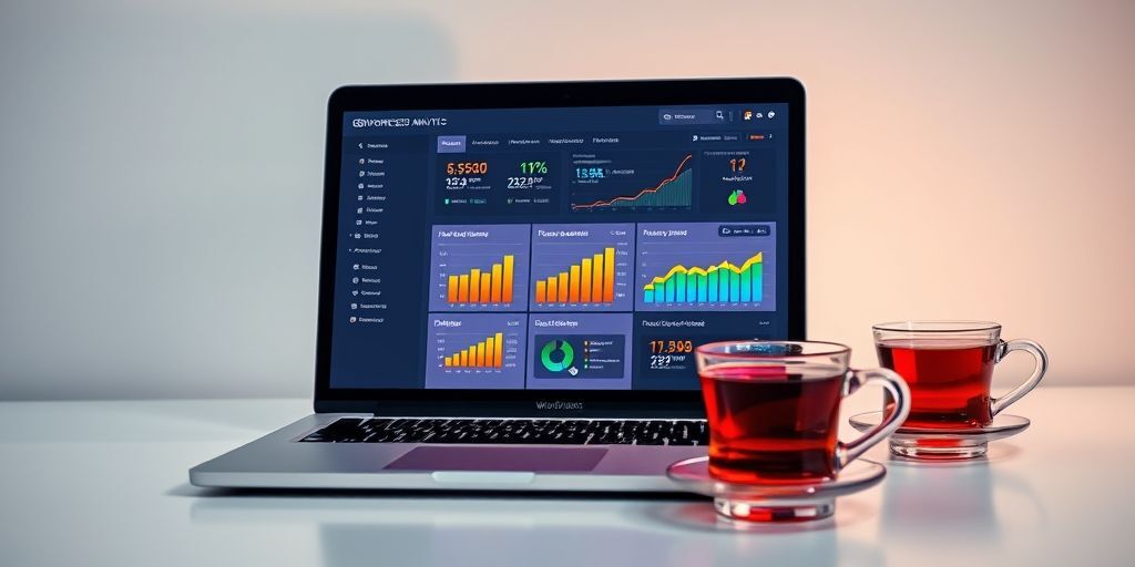 A modern laptop displaying a WordPress dashboard with SEO plugin analytics, surrounded by colorful charts and graphs showing upward trends, with a cup of Persian tea on the side, conveying growth and technical optimization.