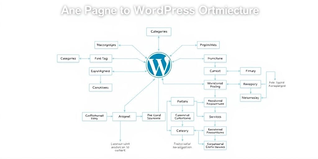 A detailed flowchart showing WordPress site structure optimization, with clear categories, tags, and permalinks, visualized with connecting lines and nodes on a light background, symbolizing organization and clarity.