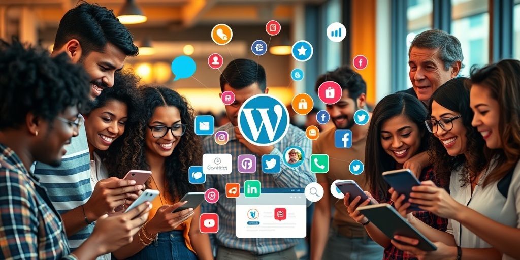 A diverse group of people interacting with a WordPress site on various devices, showing social media sharing icons and link connections, symbolizing engagement and community building.