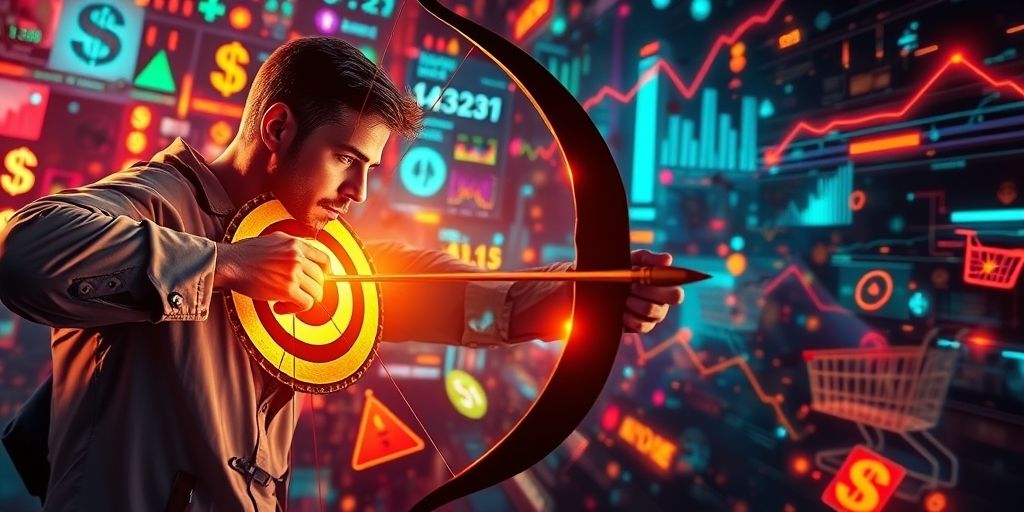 A focused archer aiming at a small golden target surrounded by chaotic market symbols, with digital data streams in the background, symbolizing precision in niche marketing.