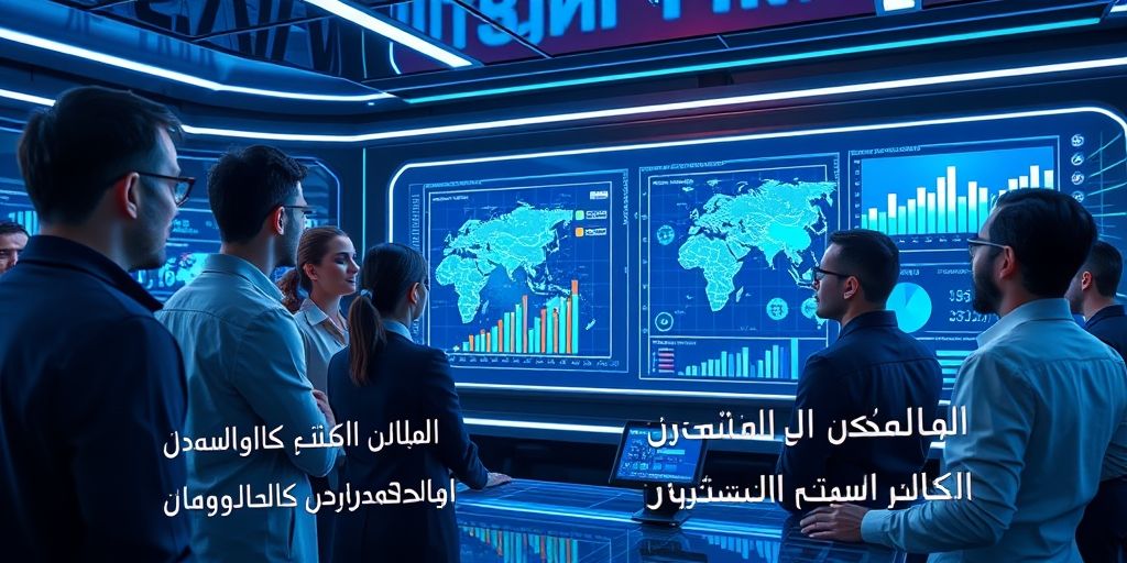 A diverse team analyzing 3D market segmentation charts on a futuristic digital dashboard, with Persian text overlays showing growth metrics.