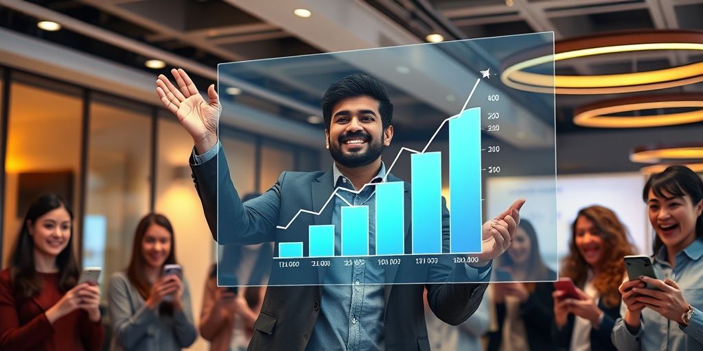A Persian entrepreneur presenting a skyrocketing sales graph on a transparent screen, with enthusiastic customers sharing content on smartphones in the background.