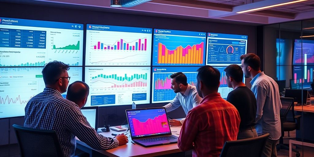 A diverse team analyzing digital marketing data on multiple screens, with Persian text interfaces and customer loyalty metrics highlighted in vibrant colors, showing collaboration and focused strategy.