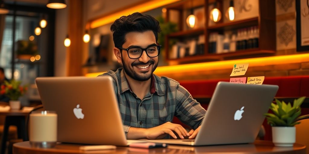 A Persian entrepreneur using a laptop in a cozy café, surrounded by sticky notes with customer personas and niche market strategies written in Farsi, with a smile of satisfaction.