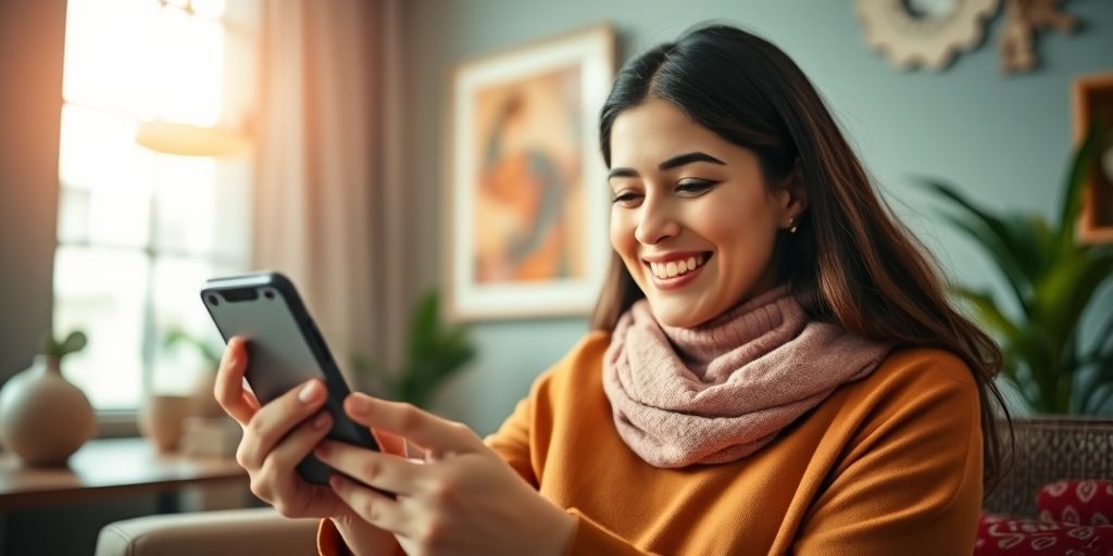 An Iranian woman happily interacting with a localized e-commerce website on her mobile, showing personalized product recommendations and loyalty points in Persian, with a heartwarming smile.