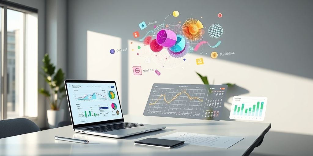 A modern workspace with a laptop showing AI content tools in Persian, colorful data visualizations floating above the screen, and a content calendar being automatically populated, with soft natural lighting.