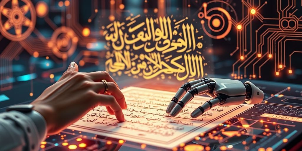 Futuristic interface merging Persian calligraphy with AI circuits, showing real-time content optimization in RTL layout, with collaborative human and robot hands editing a document.