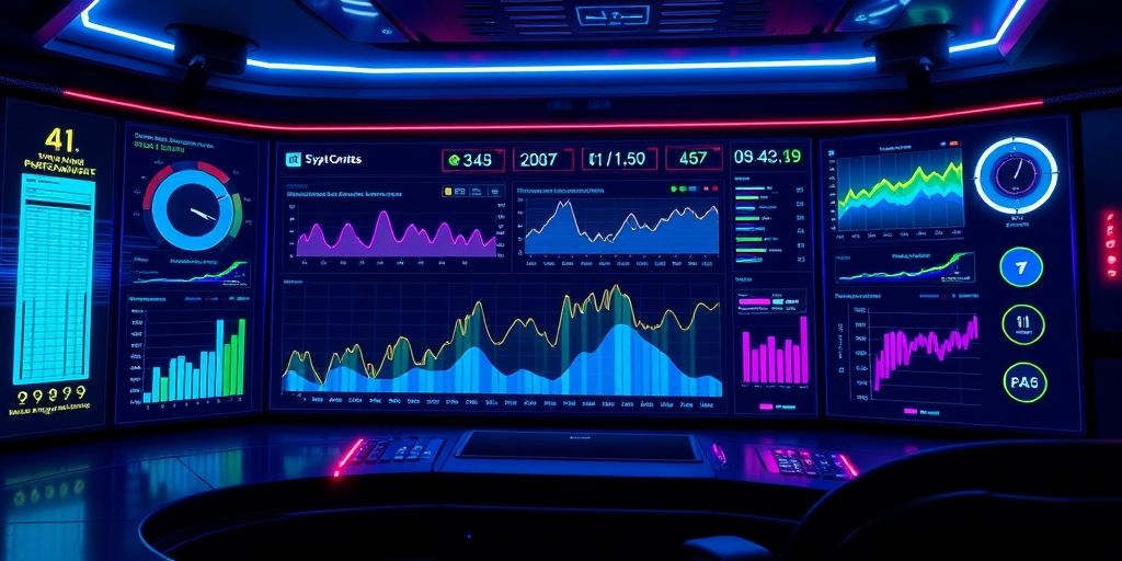 A futuristic dashboard showing website speed metrics with AI-powered optimization tools analyzing data in real-time, vibrant colors highlighting performance improvements.