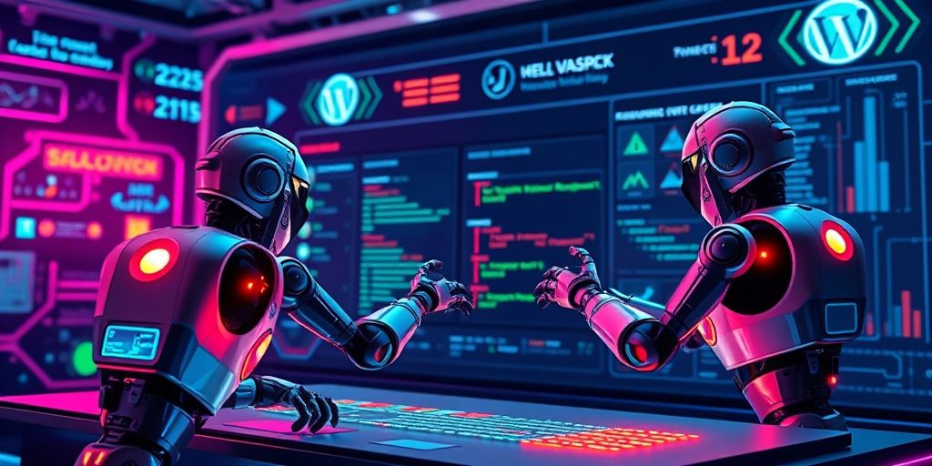 A 3D render of AI robots working on a WordPress site dashboard, optimizing various elements like images, code, and server requests in real-time.