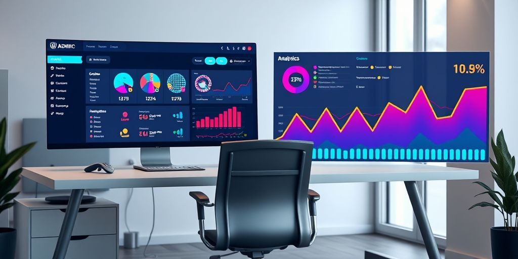 A modern website dashboard showing WordPress admin panel on the left and AI analytics graphs on the right, with colorful data visualizations representing user behavior and engagement metrics, set in a professional office environment.