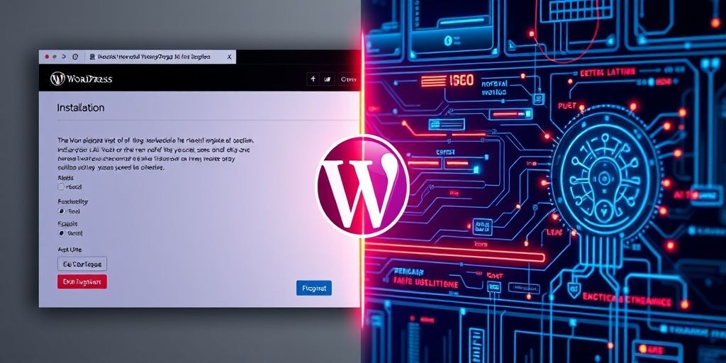 A split-screen image showing a WordPress plugin installation page on one side and a futuristic AI interface with neural network graphics on the other, connected by glowing data streams.
