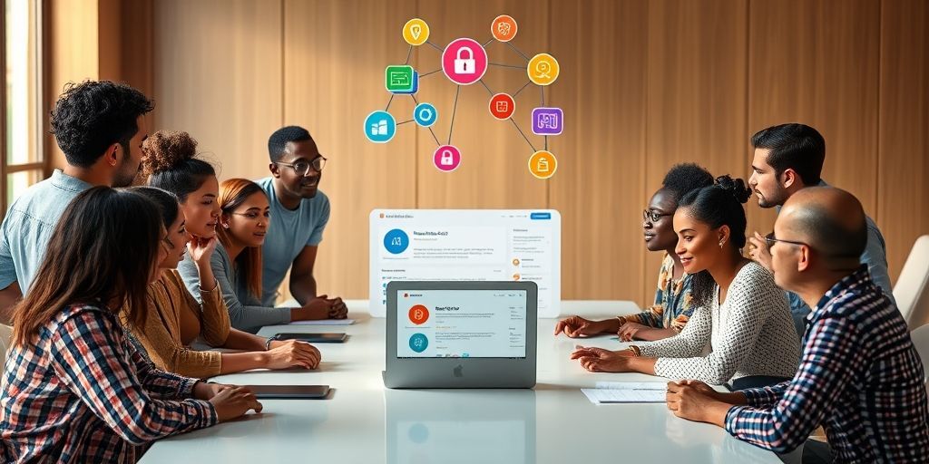A diverse group of people discussing around a table with a laptop showing WordPress dashboard and AI ethics guidelines, with icons representing privacy, security, and transparency floating above.
