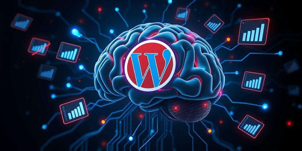 A futuristic digital brain with WordPress logo integrated, surrounded by floating SEO icons like search bars, graphs, and ranking signals, glowing with blue and orange light on a dark background, symbolizing AI-powered SEO optimization.