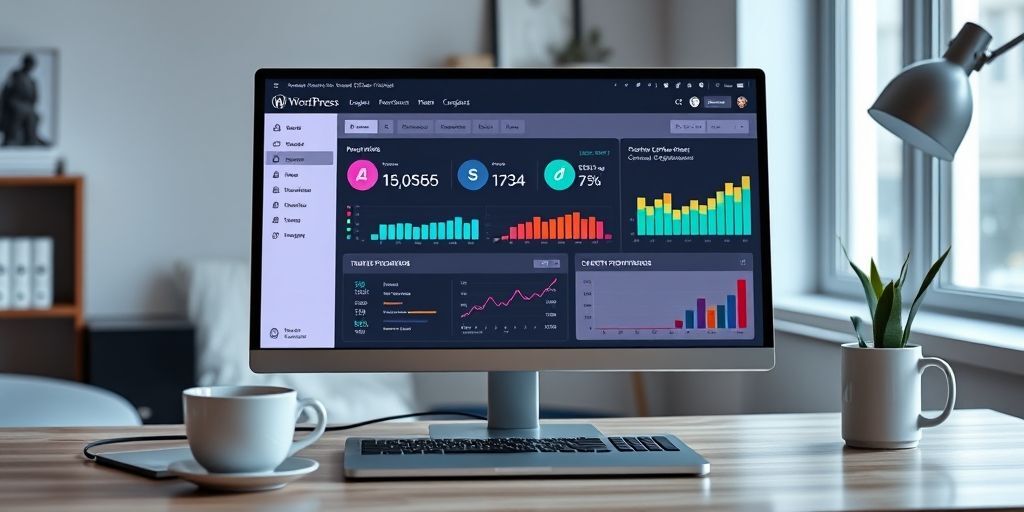 A sleek dashboard on a computer screen showing WordPress admin panel with AI SEO tools in action, featuring keyword analysis, content optimization scores, and traffic prediction graphs, with a cup of coffee beside the laptop.