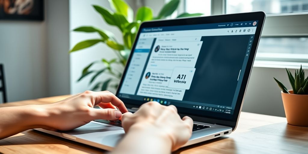 Hands typing on a keyboard with a WordPress editor open on screen, showcasing AI-generated SEO suggestions popping up in real-time, with a plant in the background symbolizing growth.