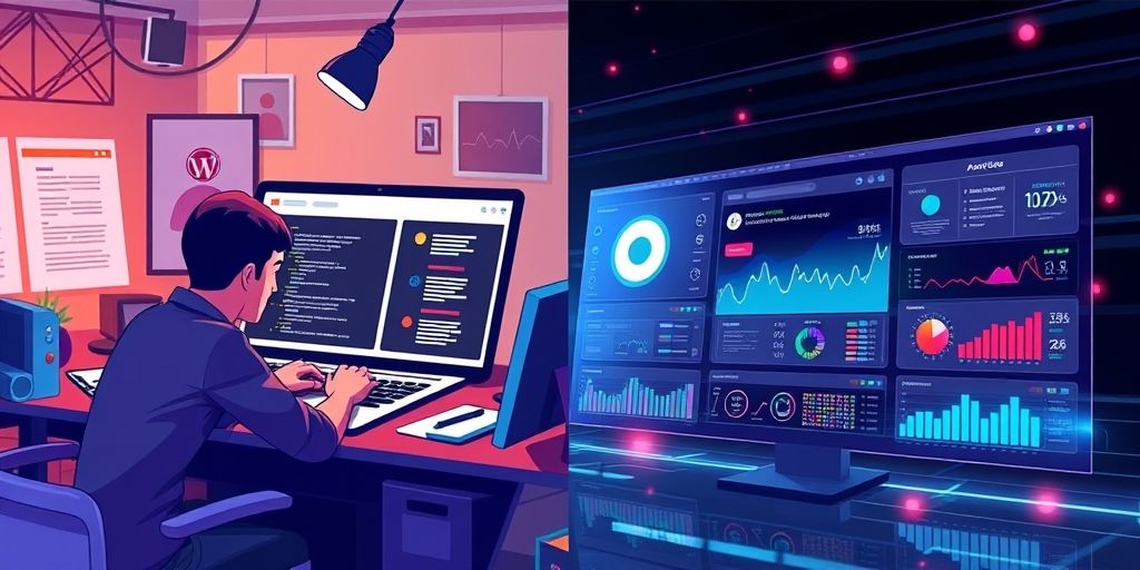Split-screen comparison: Left side shows manual WordPress customization, right side displays AI-powered design suggestions with real-time analytics in Persian