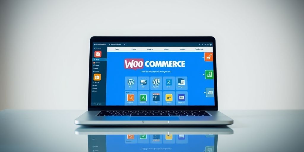 A modern laptop screen displaying WooCommerce plugin installation on WordPress dashboard, surrounded by icons representing e-commerce features like shopping cart, payment gateways, and product listings, with a clean blue and white interface.