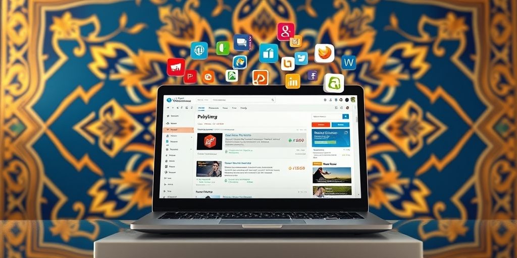 A modern laptop showing a WordPress dashboard with various plugin icons floating above it, surrounded by Persian-style geometric patterns in blue and gold, symbolizing optimization and cultural relevance.