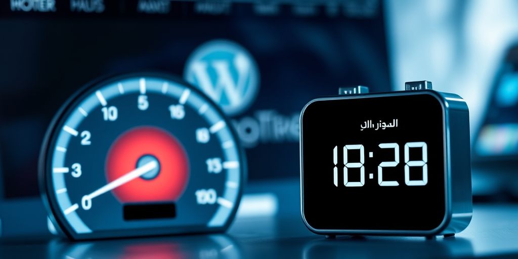 A speedometer showing website loading time decreasing from 5s to 0.8s, with a WordPress logo in the background and Persian calendar date آگوست 20, 2025 visible on a desktop clock.